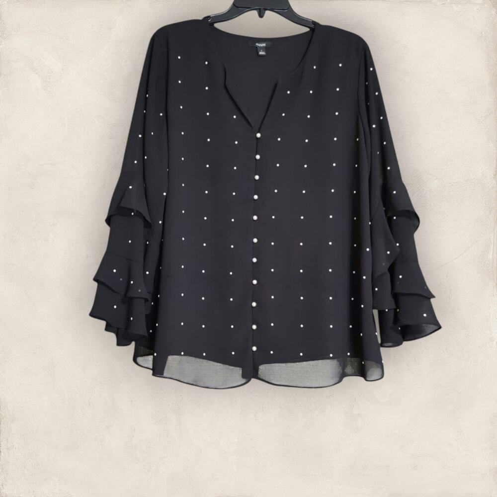 Alfani Black Sheer Embellished Ruffled Sleeves Button-Down Blouse Size Large